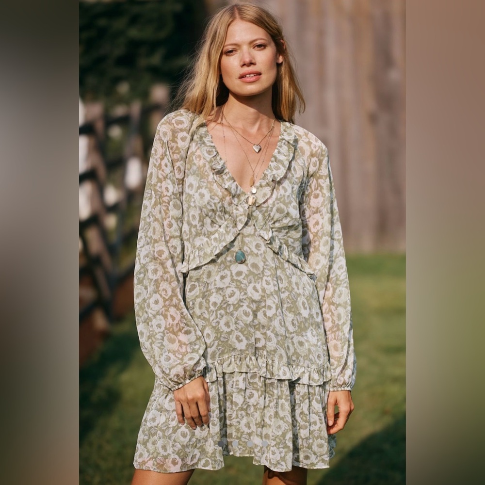 Loverly Grey x Anthropologie Sage Green Floral Ruffle Long Sleeve Mini Dress